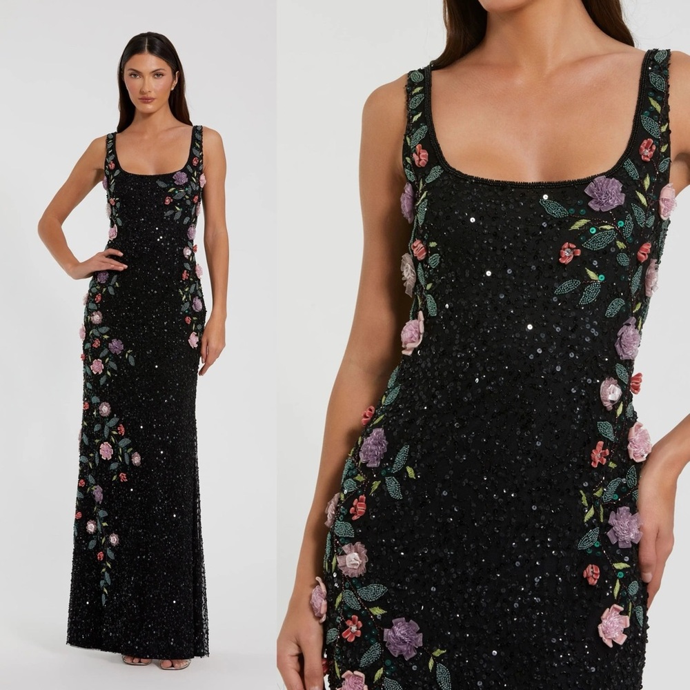 Mac Duggal Black Beaded Maxi Dress with Pink & Purple Floral Appliqué